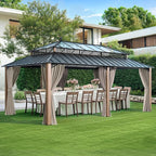 SUNJOY Kingston 20' x 12' Hardtop Gazebo with Galvanized Steel/Polycarbonate Double Roof, Curtain and Netting, Woodgrain Finish Aluminum Posts Permanent Pavilion Gazebo for Garden, Patio, Deck, Lawn