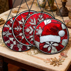 Stained Glass Window Hanging 4 Pcs Set Red Christmas Decorations Theme Large 15" - Suncatcher Door Garden Sun Catcher Decor Birthday for Mom Woman Nana Men Friend Wife