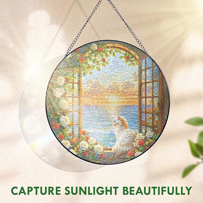 FLAGWIX Christmas Cat Gifts for Women - Stained Glass Window Hanging 8 in - Beach Gifts for Women Mom Grandma, Gift for Cat Lovers, Suncatcher Holiday Christmas Decorations for Home, Coastal Decor