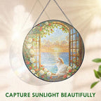 FLAGWIX Christmas Cat Gifts for Women - Stained Glass Window Hanging 10 in - Beach Gifts for Women Mom Grandma, Gift for Cat Lovers, Suncatcher Holiday Christmas Decorations for Home, Coastal Decor