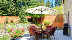 California Umbrella 9' Round Aluminum Market Umbrella, Crank Lift, Push Button Tilt, Black Pole, Sunbrella Antique Beige