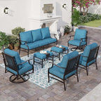 7 Piece Metal Outdoor Patio Furniture Set, Patio Conversation Sets 3-seater Sofa, 2 Fixed Chairs, 2 Swivel Chairs, 2 Ottomans with 5.75" Thick Cushion, Black Backyard Furniture, Blue-2