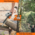 2-in-1 Pole Saw for Tree Trimming, 8 Inch Cordless Mini Chainsaw with Extension Pole, Brushless Motor, with 2 x 4.0 Ah Batteries & Charger, Auto Lubrication, 15 Ft Max Reach