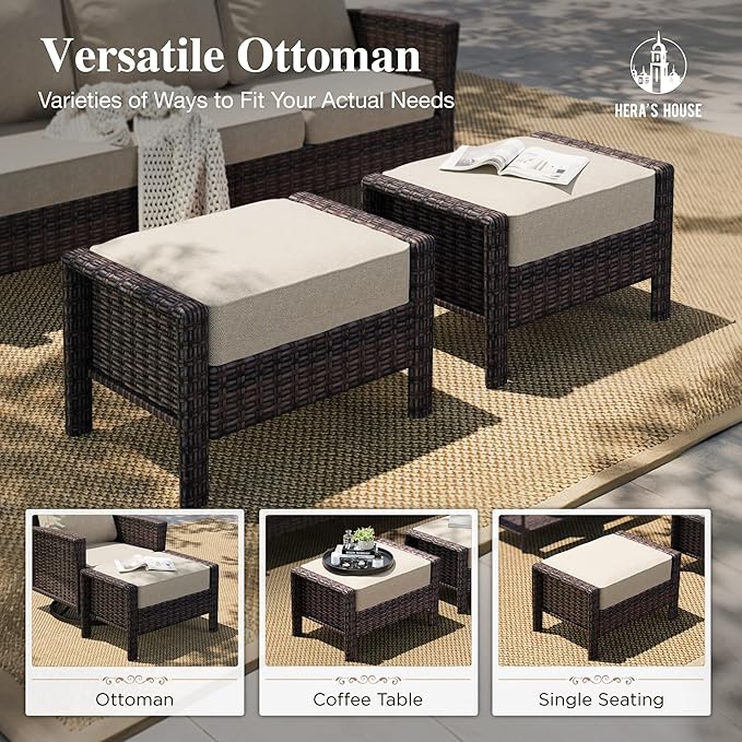 HERA’S HOUSE Wicker Patio Furniture Set, High Back Swivel Chairs with 5.5-Inch Thick Cushions, 6-Piece Outdoor Deep Seating Conversation Sets with Fire Pit Table & Ottomans for Deck Yard Garden, Beige