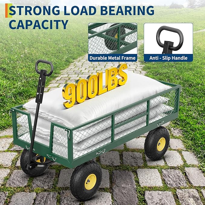 GarveeLife 900 LBS Garden Cart on Wheels with Adjustable Handles, Heavy Duty Steel Garden Wagon with Removable Mesh Sides to Convert into Flatbed, Wagon Cart for Lawn Farm Yard