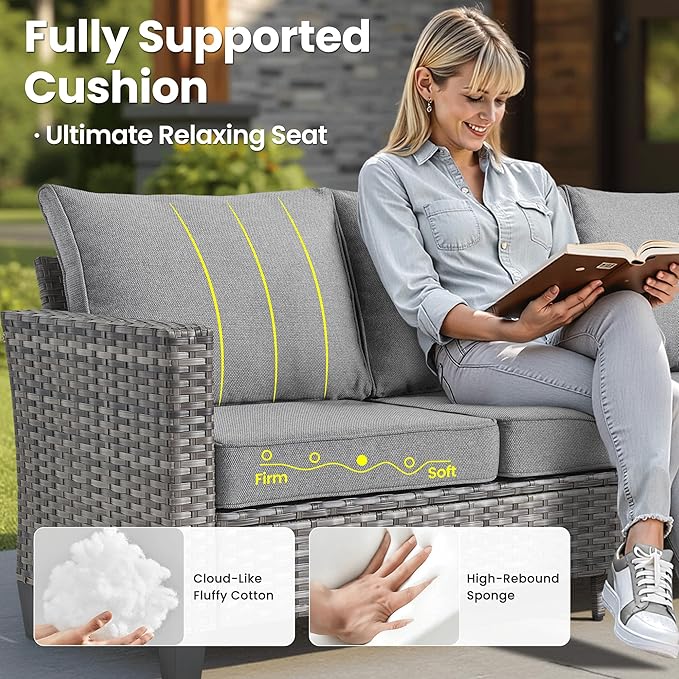 ovios 9 Pieces Patio Furniture Set with 54" Fire Pit Table, Outdoor Sofa Couch with Solar Lights Table Comfy Cushions, Modern Deep Seat Wicker Rattan Conversation Set, Dark Grey