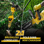 2-in-1 Cordless Pole Saw, 8 Inch Brushless Pole Chainsaws Compatibility with Dewalt 20V MAX Battery(No Battery), 8 lb Lightweight, Auto Oiling, 14.8 FT MAX Extension Pole Saws for Tree Trimming