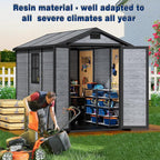 8.7x5.5 FT Resin Outdoor Storage Shed with Floor, Weather-Resistant Plastic Garden Shed with Windows, Lockable Door and Vents, Outside Tool Storage Sheds for Backyard, Garden, Lawn, Wood Grain