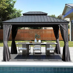 Domi 10x13FT Outdoor Gazebo, Hardtop Gazebo with Galvanized Steel Double Roof, Metal Gazebos with Drainage System Patio Pergola for Patio Deck Backyard,Curtain and Netting,Gray