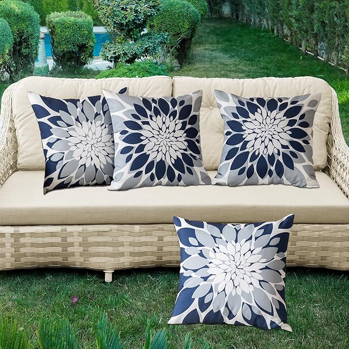 Qahing Pack of 4 Outdoor Waterproof Pillow Covers 20x20 Decorative Outdoor Throw Pillows Garden Square Cushion Cases for Patio Furniture, Couch, Tent Sunbrella, Bench, Navy Blue Grey