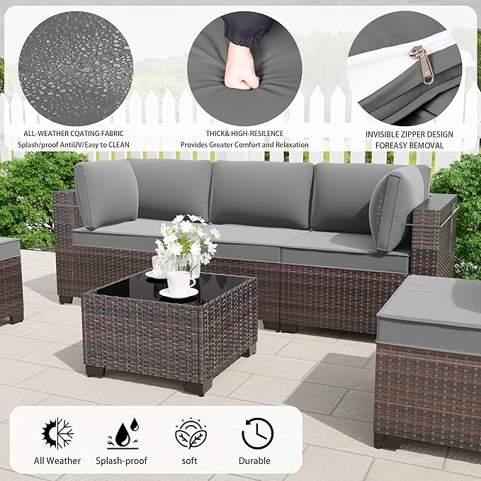 Outdoor Patio Furniture Set, 7 Pcs Outdoor Furniture All Weather Patio Sectional Sofa PE Wicker Modular Conversation Sets with Coffee Table,6 Chairs & Seat Clips Grey