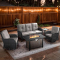 5 Piece Patio Furniture Sets with Fire Pit Table - Wicker Patio Conversation Sets with Swivel Glider, Loveseat, Tempered Glass Side Table for Deck Backyard - Black Wicker Beige Cushion