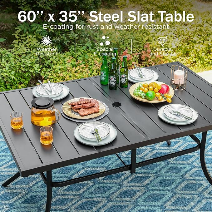 PHI VILLA 7 Pieces Outdoor Dining Set for 6, Black Rectangle Wrought Iron Table with Umbrella Hole & Swivel Metal Chairs with Cushions, Modern Furniture for Patio, Deck, Yard, Porch