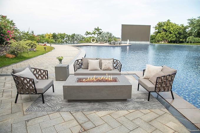 AMS Creations | Madison 60" Rectangular Propane Gas Outdoor Fire Pit Table | Light Gray Concrete GFRC | Limestone Texture or Surface | Electronic Ignition | Outside Backyard Fireplace
