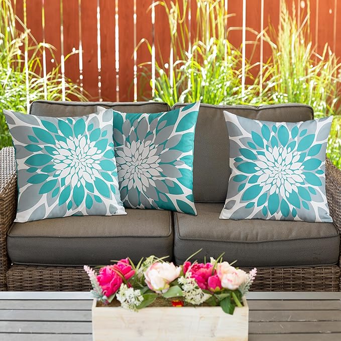 Qahing Pack of 4 Outdoor Waterproof Pillow Covers 18x18 Decorative Outdoor Throw Pillows Garden Square Cushion Cases for Patio Furniture, Couch, Tent Sunbrella, Bench, Teal Turquoise Grey