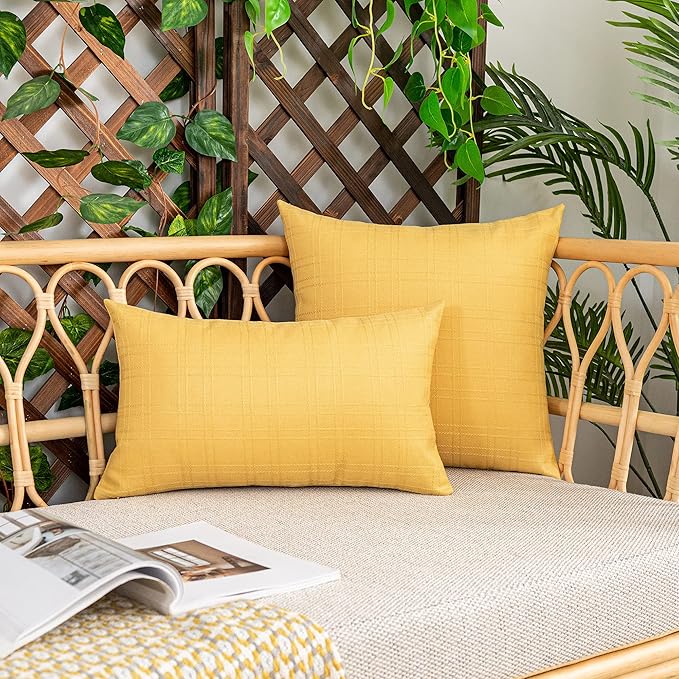 Kevin Textile Pack of 2 Decorative Outdoor Waterproof Pillow Covers Square Garden Checkered Cushion Sham Throw Pillowcase Shell for Patio Tent Couch 24x24 Inch Yellow