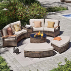MEISSALIVVE 8 Piece Outdoor Patio Furniture Set, Half-Moon Curved Sectional Set with Wood Armrests, Patio Conversation Set, 2 Half-Moon Ottomans，Coffee & Side Tables (Brown)
