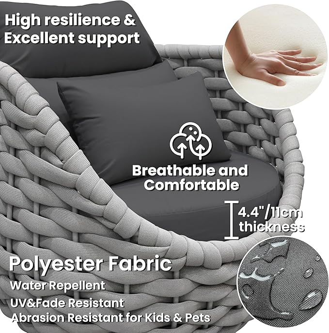 Deck Furniture Accent Chair: Patio Single Armchair Aluminum - Outdoor Woven Rope Armchair Cushioned - Modern Lounge Chair Assembled - All Weather 400lbs for Porch Lanai Balcony Yard Garden Hotel