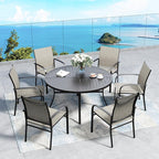 7 Piece Outdoor Dining Set for 6, 54" Round Metal Table with Umbrella Hole, 6 Brown Dining Chairs, Patio Table and Chairs Set for Backyard Lawn