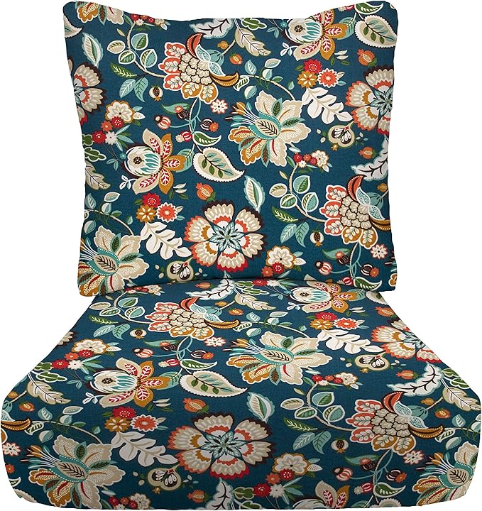 RSH DECOR: Deep Seating Cushion with Pillow Back | 24” x 27” Seat | All-Weather Spun Fabric | Water and Fade-Resistant | Outdoor Chair Cushion Set for Patio Furniture | Telfair Peacock