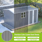 8×12 Ft Metal Outdoor Storage Shed with Floor Base and Window, 0.25mm Galvanized Steel Metal Garden Shed Waterproof with Lockable Door for Backyard, Patio, Garden, Dark Grey