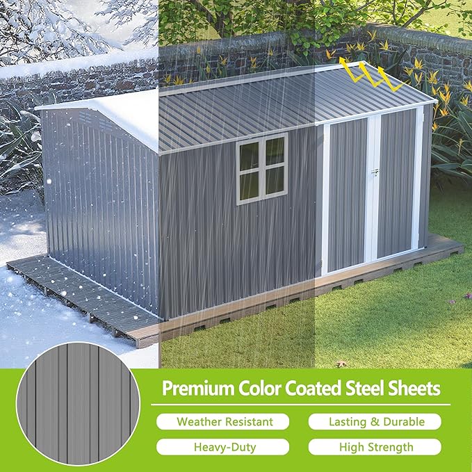 8x12 FT Shed Outdoor Storage Metal Large Garden Tool Sheds with Lockable Doors Floor Frame Window Gable Roof Waterproof Steel Utility Equipment Sheds for Backyard Patio Lawn Poolside, Grey
