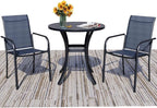 3 Pieces Round Dining Table Set for 2, Patio Dining Set Includes 2 Dark Blue Stackable Patio Chairs and 27.6" Black Metal Round Table, Patio Furniture Sets with Sling Support for Outside, Garden