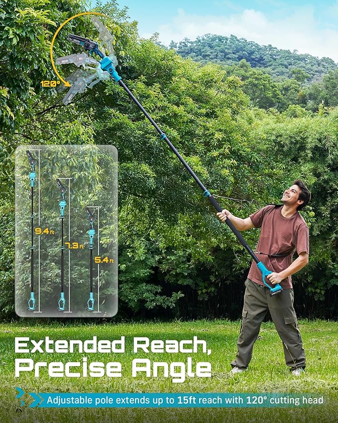 SEESII 2-in-1 Electric Pole Saws for Tree Trimming, 6 Inch Mini Chainsaw Cordless with Extension Pole, Battery Powered Pole Chain Saw, Tree Trimmer Limb Branch Cutter Pruner with 2 Battery PS600