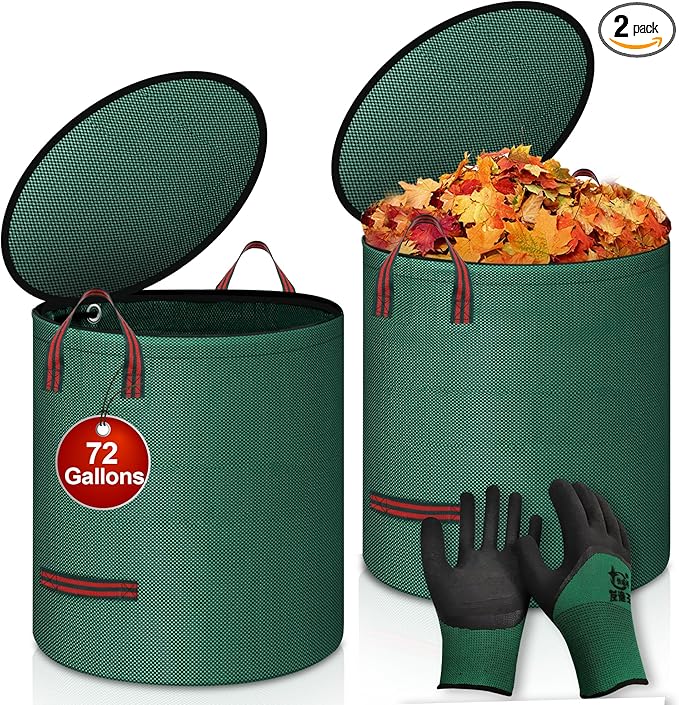 Reusable Yard Waste Bags with Lid, 2 Pack 72 Gallon Lawn and Leaf Garden Bags Heavy Duty with 4 Handles, Collapsible Garden Waste Container for Collecting Indoor Outdoor Debris Leaves Grass Clippings