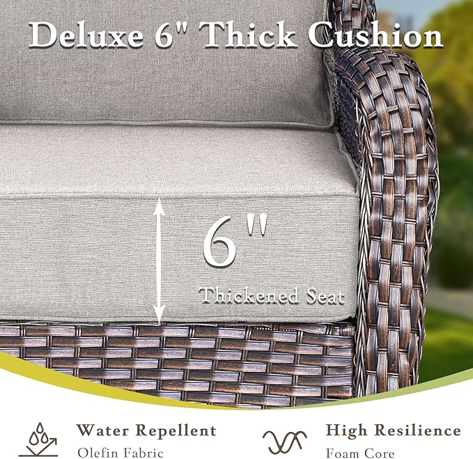 Luxury High Back Outdoor Furniture with 6-inch Extra Thick Cushions, Patio Furniture Set with Fire Pit Table & Swivel Chairs, 7 PCS Wicker Conversation Set for Yard, Deck, Poolside, Brown/Beige