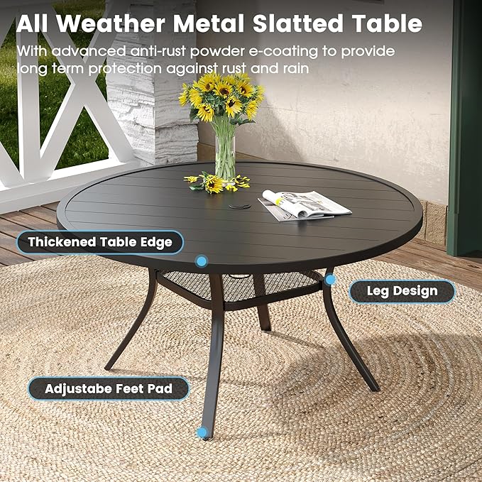 DIFY 7 Pieces Outdoor Patio Dining Set, 6 Brown Textilene Swivel Dining Chairs and 47.2" Black Round Dining Table, Metal Outdoor Table and Chairs