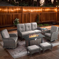7 Piece Patio Furniture Set with Fire Pit Table - Wicker Patio Conversation Set with Swivel Glider, 3 Seat Sofa, Side Table and 2 Ottomans for Deck Backyard - Brown Wicker Beige Cushion