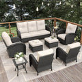 9 Pieces Patio Furniture Sets, Wicker Rattan High Back Outdoor Swivel Rocking Chairs Set with 3-Seat Couch, Ottomans and Side Table
