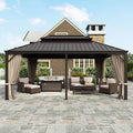 12'x18' Hardtop Aluminum Gazebo, Permanent Outdoor Canopy with Galvanized Steel Double Roof Heavy Duty Pavilion with Curtains and Netting for Garden Patio Lawn Deck