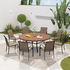 VICLLAX 60" Outdoor Round Patio Dining Table for 8-10, All Weather Metal Dining Table with Umbrella Hole for Deck Lawn Garden Backyard, Walnut