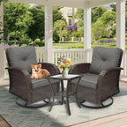 3 Pieces Patio Furniture Set, Outdoor Swivel Rocking Chair Set of 2 with Side Table - 360° Swivel, Thick Cushions, All-Weather Bistro Set for Deck, Porch, Pool (Grey, Brown Full-Weave Rattan)