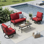 MFSTUDIO 4 Pieces Outdoor Patio Furniture Set, Metal Outdoor Conversation Set, Rattan Wicker Patio Sectional Sofa Set with 2 x Swivel Single Sofa, 2-Seat Sofa, 1 x Coffee Table, Red
