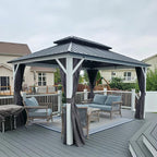 PURPLE LEAF 10' X 14' Hardtop Gazebo, Metal Double Roof White Aluminum Frame Outdoor Heavy Duty Gazebo with Curtain and Netting for Patio, Garden and Backyard, Grey
