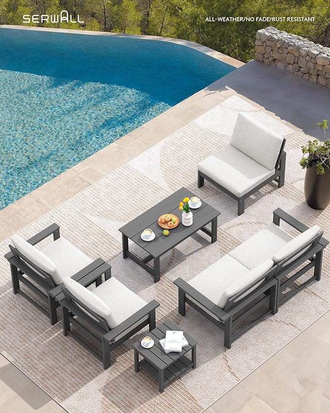 SERWALL HDPE Patio Furniture Set, 7-Piece Outdoor Sectional Sofa Set, All Weather Outdoor Couch Set for Deck, Lawn, Grey Frame with Khaki Cushion