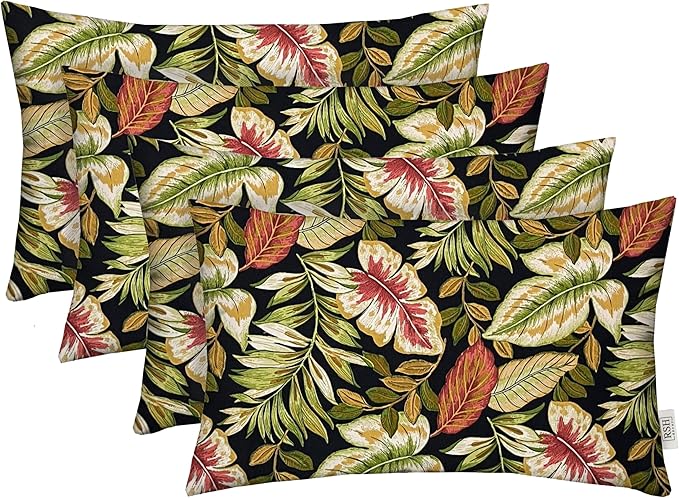 RSH DECOR: Lumbar Throw Pillows Set of 4 | 20” x 12" | All-Weather Spun Fabric | Water and Fade-Resistant | Outdoor Support Pillows for Patio Furniture | Twilight Tropical Leaf