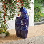Glitzhome 35.5" H Oversized Outdoor Water Fountain with LED Lights and Pump, 4 Tier Cobalt Blue Embossed Pattern Ceramic Pots Cascading Floor Standing Fountain for Porch Deck Garden Patio Backyard