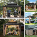 SUNJOY Kingston 12' x 12' Hardtop Gazebo with Galvanized Steel/Polycarbonate Double Roof, Curtain and Netting, Woodgrain Finish Aluminum Posts Permanent Pavilion Gazebo for Garden, Patio, Deck, Lawn