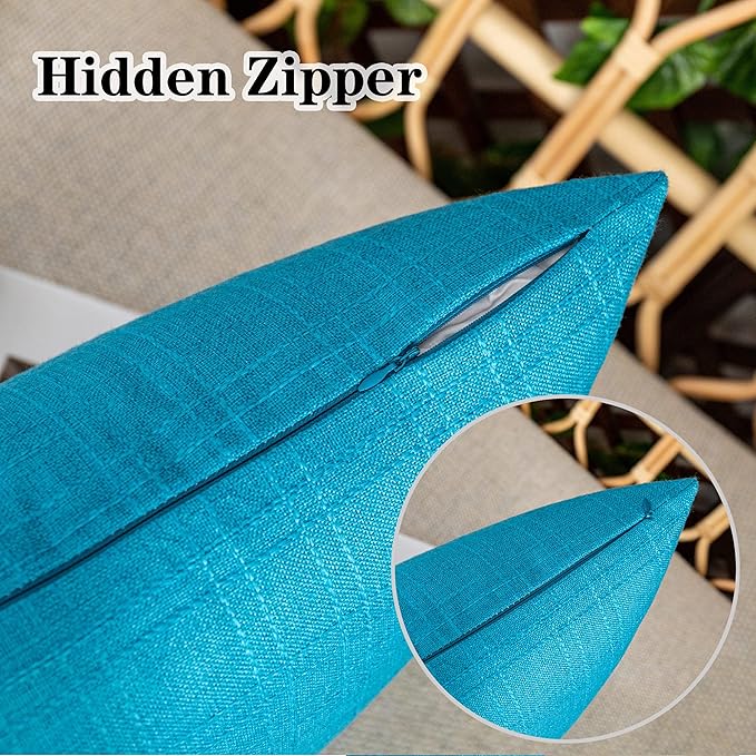 Kevin Textile Pack of 2 Outdoor Waterproof Throw Pillow Covers Solid Checkered Linen Decorative Farmhouse Pillowcases for Garden Patio Tent Balcony Couch Sofa 24 x 24 Peacock Blue