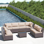 Outdoor Patio Furniture Set, 9 Pieces Outdoor Furniture All Weather Patio Sectional Sofa PE Wicker Modular Conversation Sets with Coffee Table,8 Chairs & Seat Clips(Brown)