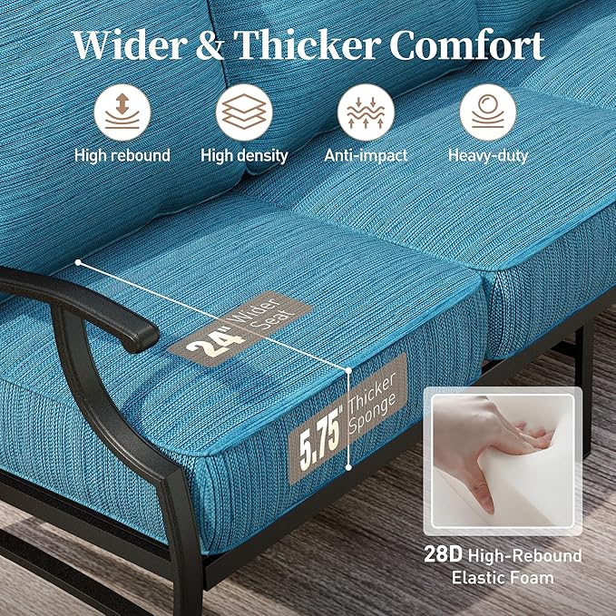 7 Piece Metal Outdoor Patio Furniture Sets, Patio Conversation Sets 3-seater Sofa, 2 Fixed Chair, 2 Rocking Chair, 2 Ottomans with 5.75" Thick Cushion, Black Backyard Furniture, Blue-2