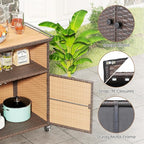 Tangkula Rattan Outdoor Storage Cabinet, Patiojoy PE Wicker Outdoor Cabinet with Acacia Wood Countertop, Open Compartment, Storage Shelf, Outdoor Bar with 4 Wheels for Garden Backyard Deck