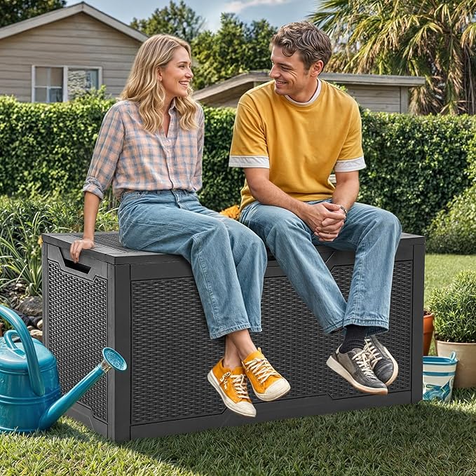 YITAHOME 100 Gallon Large Resin Deck Box Outdoor Storage Boxes for Patio Furniture, Outdoor Cushions, Garden Tools and Pool Supplies-Waterproof,Lockable (Black)