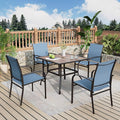 5 Pieces Patio Table and Chairs Set, 4 Person Outdoor Dining Furniture Set, 4 Blue Textilene Chairs and 37" Wood-Like Table Top Table with Umbrella Hole, for Deck Backyard Lawn