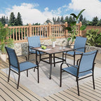 5 Pieces Patio Table and Chairs Set, 4 Person Outdoor Dining Furniture Set, 4 Blue Textilene Chairs and 37" Wood-Like Table Top Table with Umbrella Hole, for Deck Backyard Lawn