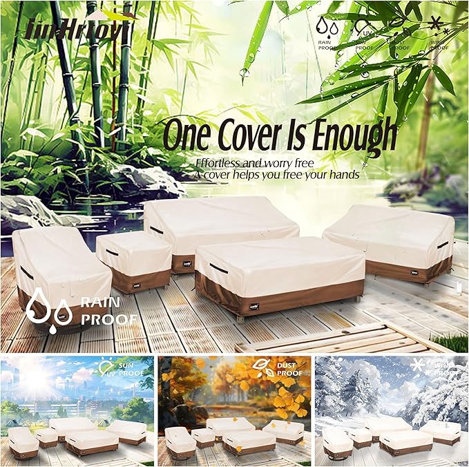 Outdoor Coffee Table Cover Waterproof, Patio Rectangular Side Table Covers, 48W x 28D x 16H Inches Outdoor Tables Cover,Beige&Brown